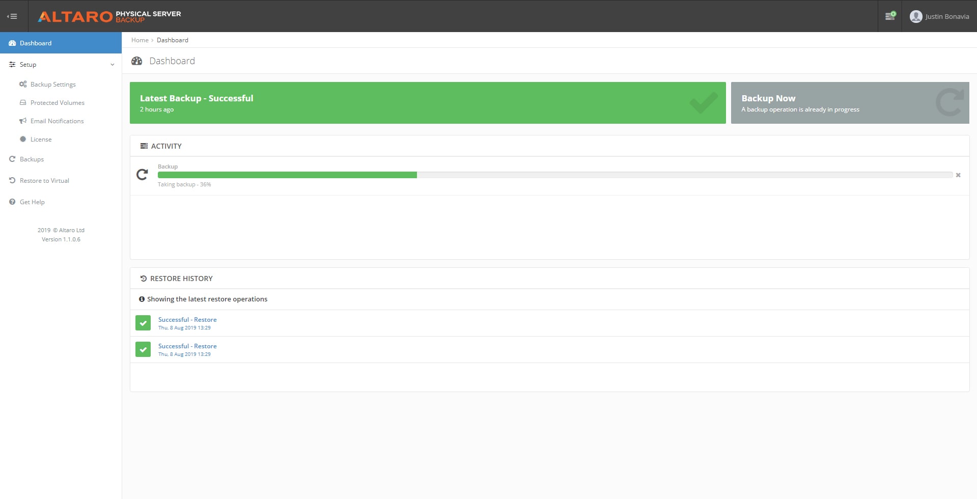 Altaro Server Backup P2V dashboard